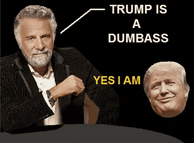a man in a suit is sitting at a table next to a picture of donald trump and says trump is a dumbass