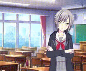 a girl is standing in a classroom with her arms crossed and looking at the camera .