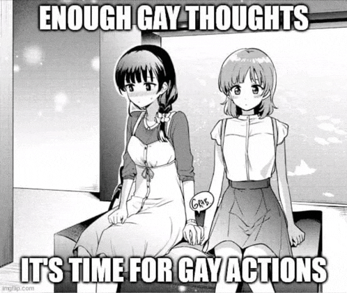 two anime girls are sitting next to each other and holding hands .
