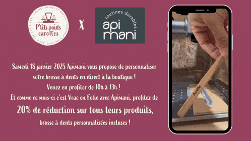an advertisement for api mani shows a cell phone and a wooden box