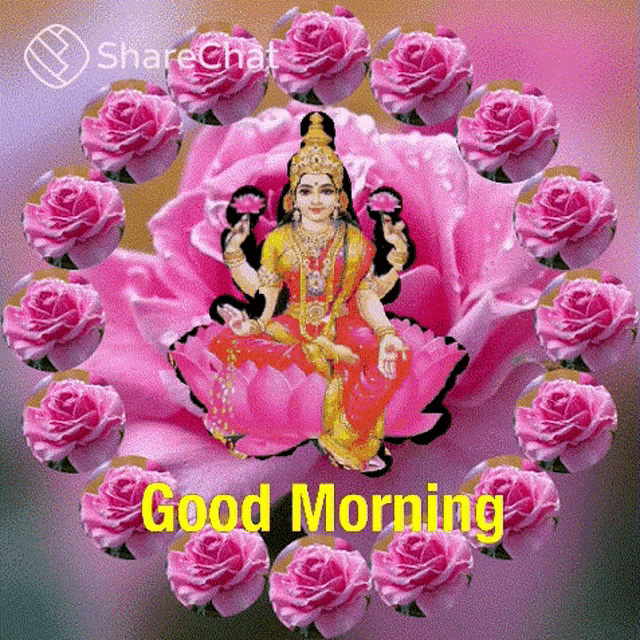 a good morning card with a goddess surrounded by pink roses .