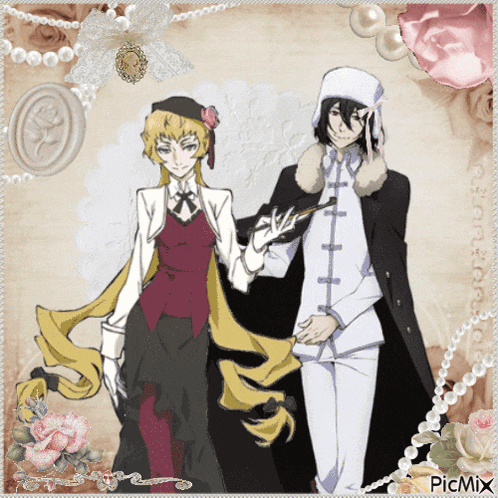 a couple of anime characters standing next to each other with a picmix watermark on the bottom right