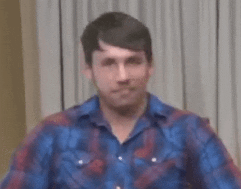 a man in a blue and red plaid shirt is smiling and dancing in a room .