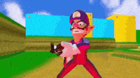 a cartoon character with a purple hat and red pants is holding a gun in a video game .