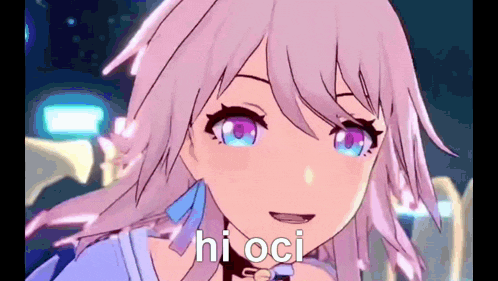 a close up of a pink haired anime girl with blue eyes and the words `` hi oci '' written on her face .