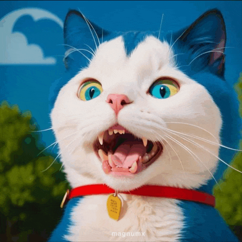 a blue and white cat with a red collar and a tag that says magnumx on it