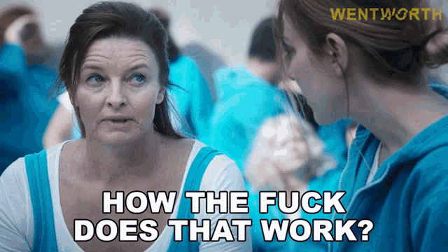 a woman talking to another woman with the words how the fuck does that work below her