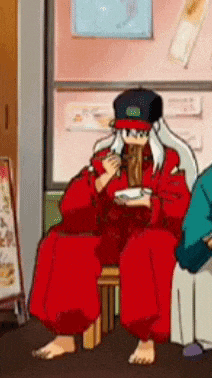 a cartoon character is sitting on a stool eating a sandwich .