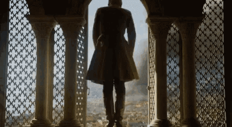 a man in a long coat is standing in front of a window looking out over a city .
