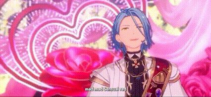 a man with blue hair is standing in front of a pink heart and a rose .
