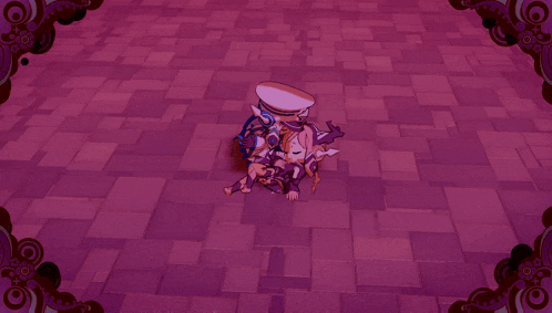 a cartoon character is laying on a pink tiled floor
