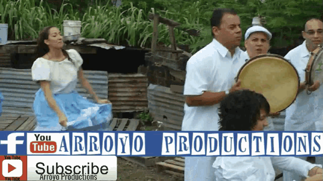 a group of people are playing instruments in front of a sign that says " you tube arroyo productions "