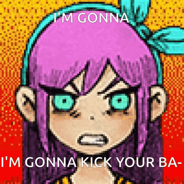 a pixel art of a girl with purple hair and blue eyes says i 'm gonna i 'm gonna kick your ba