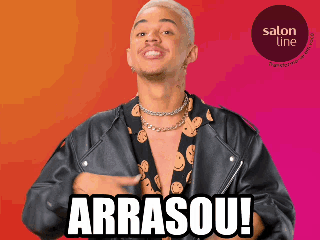a man wearing a leather jacket is pointing at the word arrasou