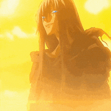 a cartoon character with long hair and blue eyes stands in front of a yellow background