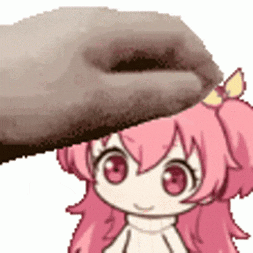 a cartoon girl with pink hair and red eyes is being petting by a hand .