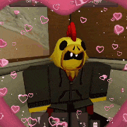 a cartoon character wearing a chicken costume with hearts around him
