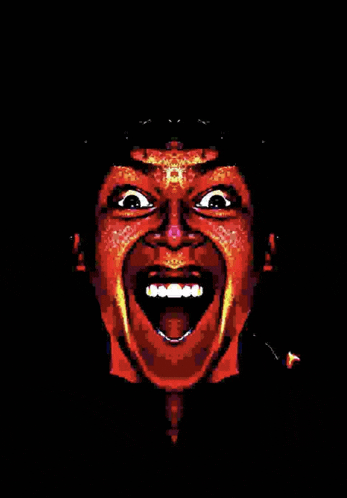 a pixel art of a man 's face with his mouth wide open