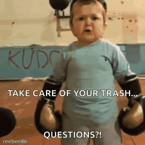 a baby is wearing boxing gloves and says take care of your trash questions