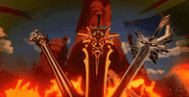 three swords are displayed in front of flames