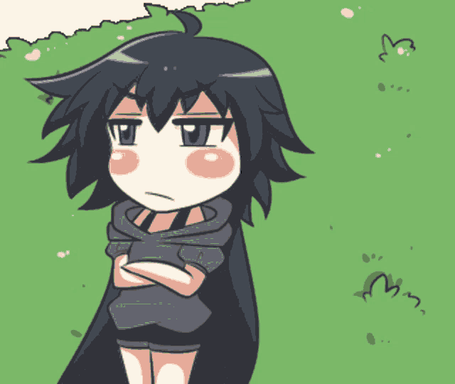 a cartoon of a girl with her arms crossed standing in the grass