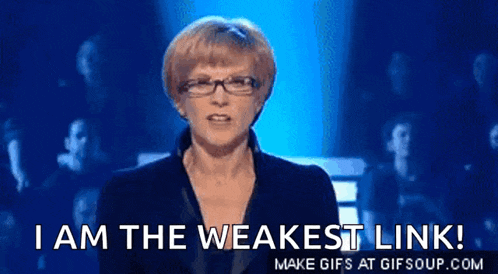 a woman wearing glasses says " i am the weakest link "