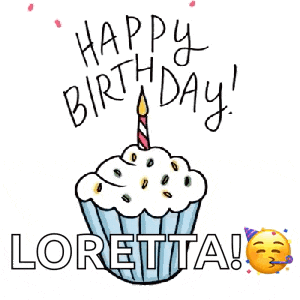 a cupcake with a candle and the name loretta on it