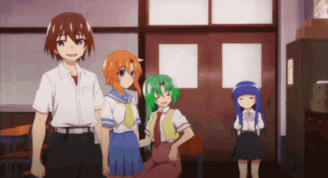 a group of anime characters standing next to each other in a hallway