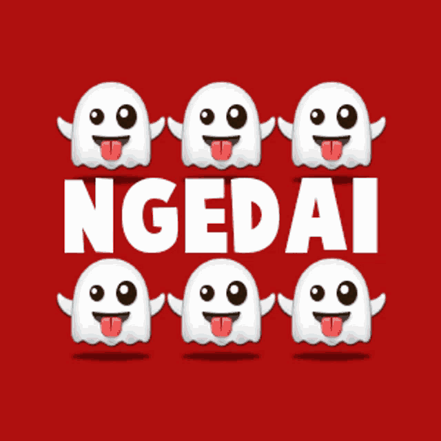 a red background with ghosts sticking their tongues out and the words ngedai