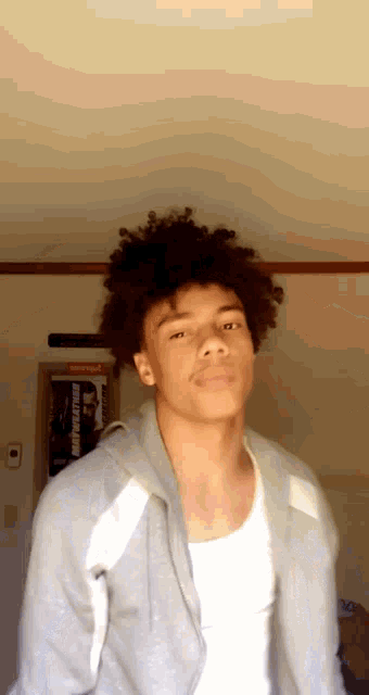 a young man with curly hair is wearing a gray hoodie and a white tank top .