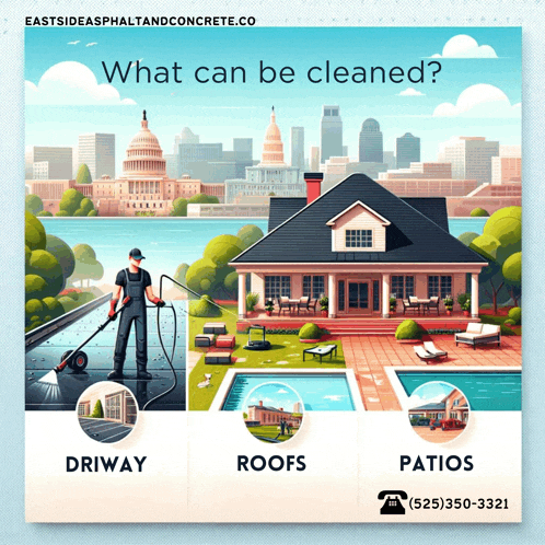 an advertisement for eastside asphalt and concrete shows a man cleaning a roof