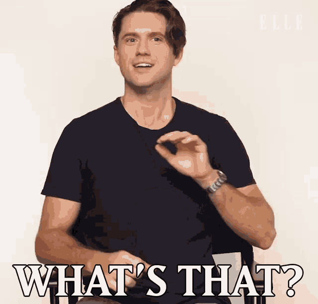 a man in a black shirt says " what 's that " in white letters