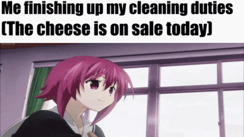 a picture of a girl with pink hair and the caption " me finishing up my cleaning duties "