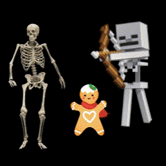 a skeleton a gingerbread man and a skeleton with a bow and arrow