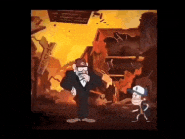 a cartoon of a man and a boy standing next to each other in front of a destroyed building .