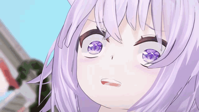 a close up of a purple haired anime character with purple eyes