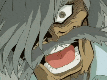 a close up of a cartoon character with gray hair and a mustache with his mouth open