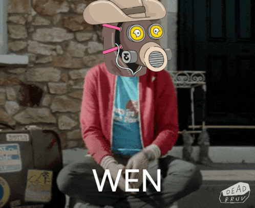 a man wearing a gas mask and a cowboy hat is sitting in front of a stone wall and says wen
