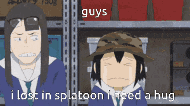 a cartoon of a boy and a girl with the words guys i lost in splatoon i need a hug on the bottom
