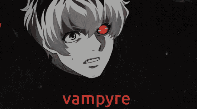 a black and white drawing of a boy with red eyes and the word vampire below him