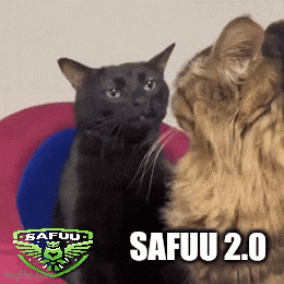 a black cat sitting next to a brown cat with the words safuu 2.0 on the bottom right