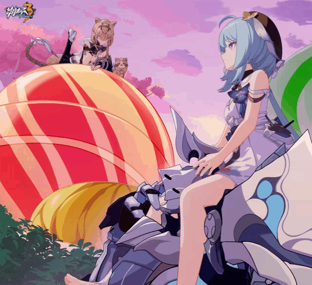a girl with blue hair is sitting on a motorcycle with the number 3 on the bottom left