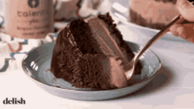 a slice of chocolate cake on a plate with a fork .