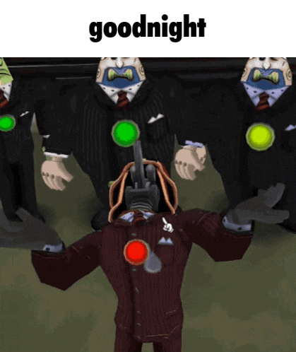a man in a suit stands in front of a group of men in suits with the words goodnight written above him