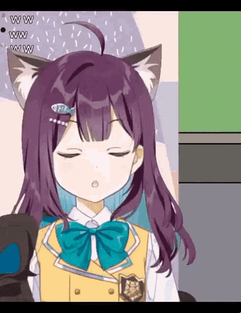 a girl with purple hair and cat ears is wearing a bow tie .