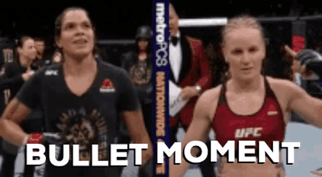 two women standing next to each other with the words " bullet moment " in the corner