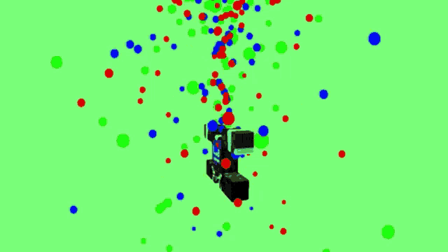 a green background with red and blue dots and a black object