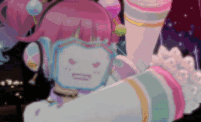a girl with pink hair is wearing headphones and has a robot face on her face