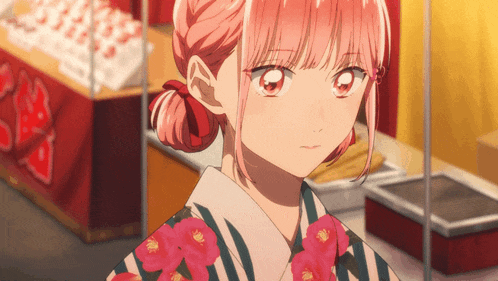 a girl with pink hair is wearing a kimono and looking at the camera