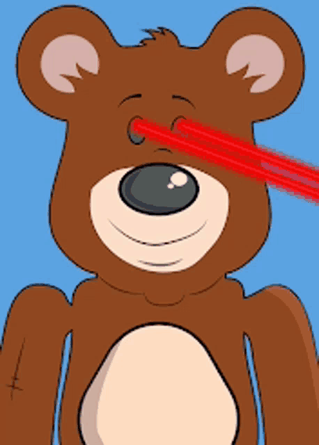 a cartoon teddy bear with red laser eyes